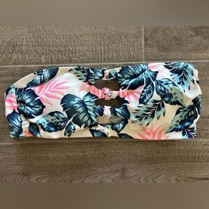 Strapless Tropical Floral Bikini Top | White Pink Blue | Cutout Knot Detail